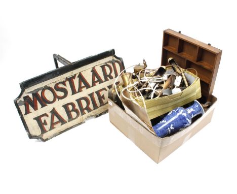 Various box including copperware, Peugeot lap coffee grinder, painting/piano lights, measuring jugs, Mostaard factory sign, 3