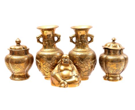 2 brass Asian ear vases with bird decor, 23 cm high, 2 lidded jars, 19 cm high and Buddha statue, 12.5 cm high, 20th century