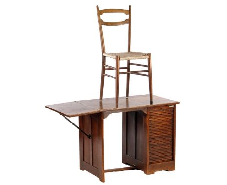 Beech desk with roller shutter door in block and folding top on the right side, marked System Stozenberg, 1930s, 69 cm high, 