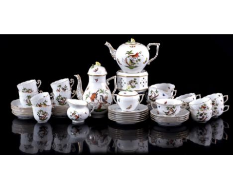 Herend Hungary porcelain drinking service with Rothschild decor, consisting of coffee pot, teapot, tea light, milk jug, sugar