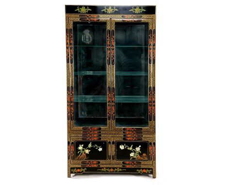 Black lacquered display cabinet with 2 glazed doors, 2 solid doors, mirrored rear wall and lighting, painted with floral deco