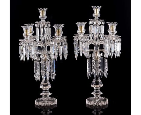 2 crystal richly worked cut 5-light table candlesticks with icicles, 61 cm high, 36 cm diameter (1 collar and some icicles de