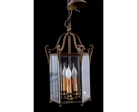 Copper hexagonal 3-light hall lamp with facet cut diamonds, 97 cm high, 30 cm diameter