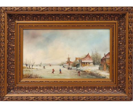 Signed G Selhorst, 20th century, Dutch winter landscape after an old master, panel 24x40 cm