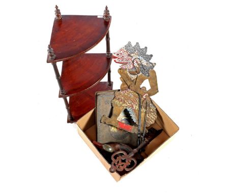 Iron key, 45 cm long, wayang doll, 70 cm, wooden decoy duck, 30 cm long, 3 Rembrandt folders and wooden 3-shelf corner wall r