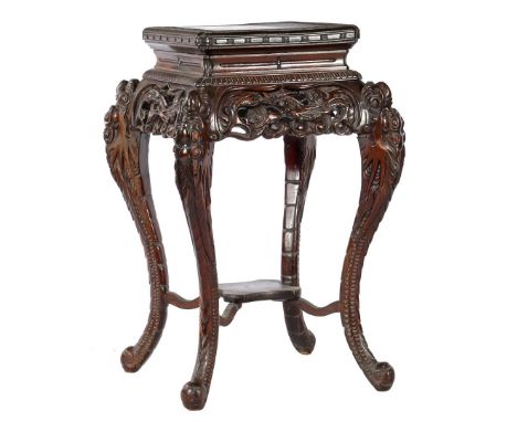 Wooden richly decorated table with dragon decor and bottom shelf, China 20th century, 74 cm high, 50 x 50 cm