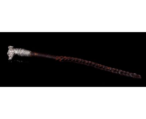 Leather whip with silver plated dog head, 42 cm long