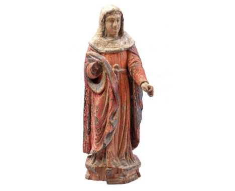 Wooden polychrome statue of a saint with a red cloak. Origin closed church in Gao India 19th century, 50 cm high