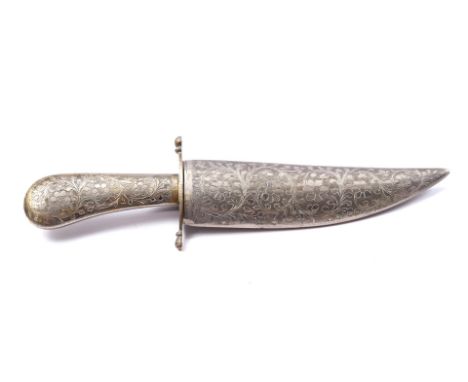 Decorative knife of light metal with decorations on the hilt and sheath, the sheath has a closing mechanism and is numbered '