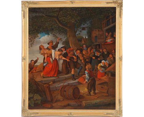 Jan van der Meer (1942-)Who is a pig, must be in the kot, work after Jan Steen, original hangs in the Mauritshuis, panel 70x6