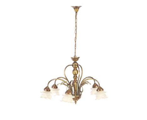 Copper 6-light hanging lamp with glass shades, 95 cm high, 64 cm diameter