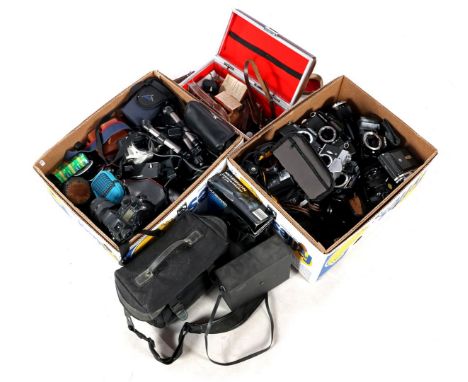 2 boxes with various cameras including the brands Canon, Olympus, Minolta, Polaroid, Zenit, Revue, Nettar Zeiss Ikon, Fujica 