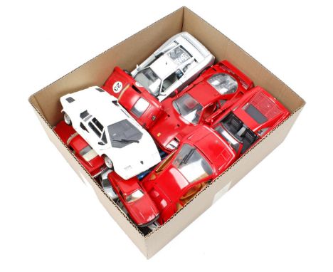 8 scale model sports cars including the brands Burago, Maisto, Polistil, Mira and 10 various small cars