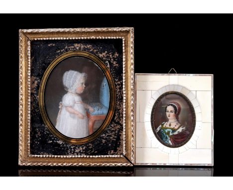 Oval portrait of a woman, in bone frame total 14.5x12.5 cm and oval 19th century portrait of a small child, pastel, in frame 