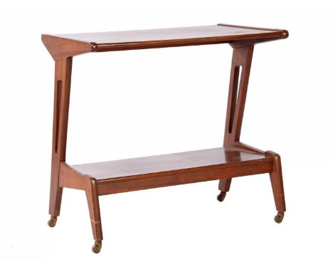 Mobile teak veneer TV table with shelf, Netherlands 1960s, 68 cm high and top size 72x48 cm