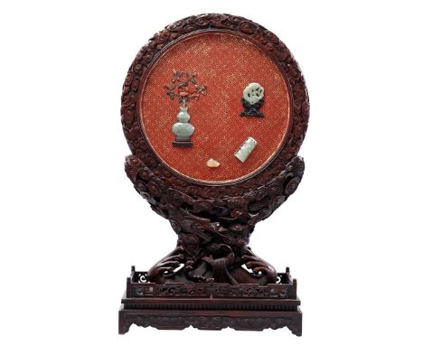 3-piece richly carved decorative object with a decor of dragon in the clouds and koi in the sea accompanied by 2 claws on eit