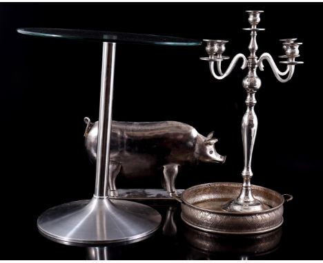 Aluminum table with glass top, 54 cm high, 50 cm diameter, 5-light metal table candlestick, 60 cm high, decorative pig, 27 cm