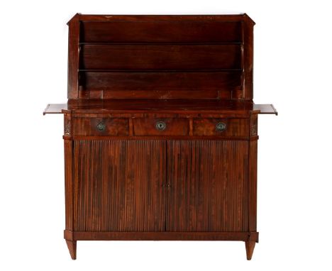 Mahogany veneer on oak folding buffet with 3 drawers and 2 roller shutter doors and 2 pull-out trays on the sides, Louis Seiz