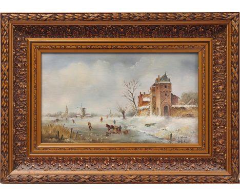 Signed G Selhorst, 20th century, Dutch winter landscape after an old master, panel 24x40 cm