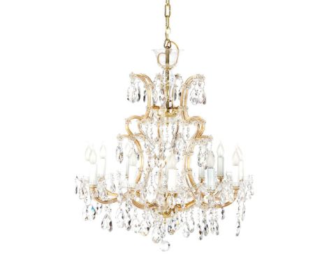 13-light brass chandelier with crystal icicles, 135 cm high
