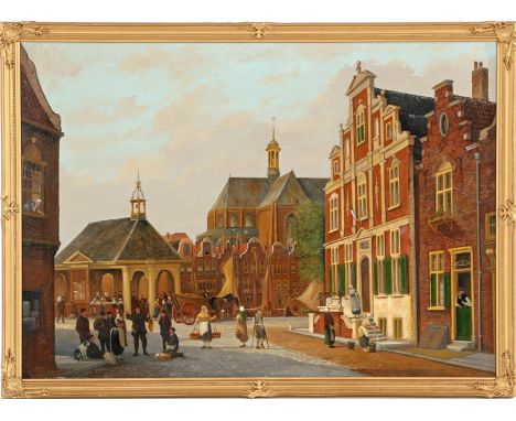 Jan van der Meer (1942-)Cityscape after the old master with many figures on the square near the church, panel 50x70 cm