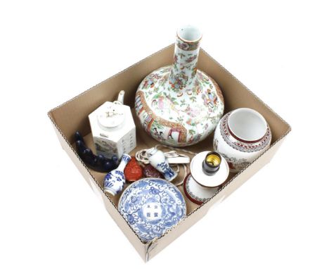 Porcelain ball vase with polychrome decor, China ca. 1900, 32 cm high (damage to side wall), octagonal teapot with text and p