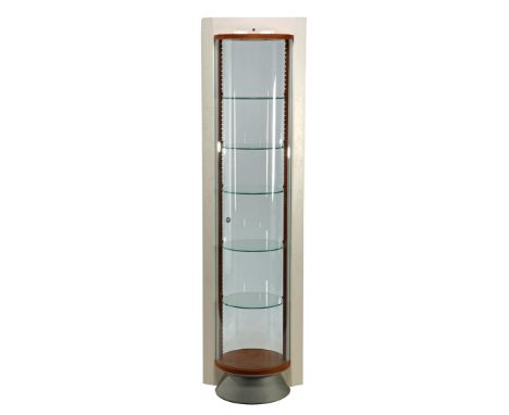 Modern white with cherry color display case with round revolving door, lighting 5 glass plateaus, Locis Tower designed by Coz