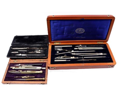 E.O. Richter &amp; Co. Precision compass set in mahogany box, compass set in walnut box and compass set in sheath (all missin