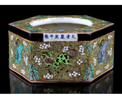Hexagonal porcelain polychrome colored pot with decor of fantasy animals and floral features, Kangxi marked, China 20th centu