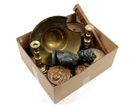 Box with copperware including candlesticks, shaving basin, pudding mold, statue, cookie boards, etc.