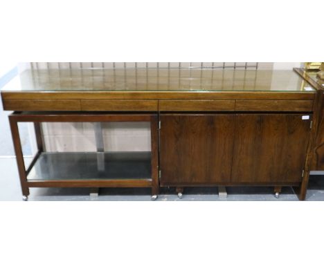 Robert Herritage for Archie Shine rosewood three section buffet comprising a four drawer console table, hostess trolley and t