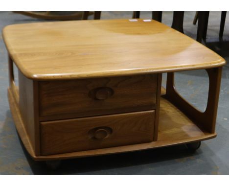 Ercol Blonde elm Pandora's Box square form centre table, 80 x 80 x 40 cm H. Not available for in-house P&amp;P 