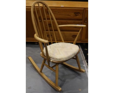 Ercol Blonde elm Quaker rocking chair. Joints good, some wear to arms otherwise good, outside arm to outside arm end is 62 cm