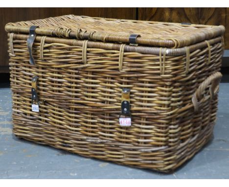 Large wicker hamper, with leather straps, 74 x 47cm H. Not available for in-house P&amp;P 