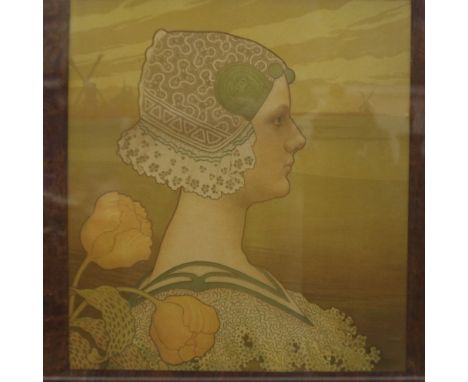 Paul Berthon (1872-1909): Art Nouveau period lithograph, Queen Wilhelmina, 33 x 37 cm. Not available for in-house P&amp;P 