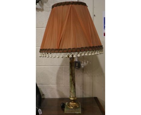 A large columnar onyx table lamp with brass mounts, H: 95 cm (including shade). Not available for in-house P&amp;P 