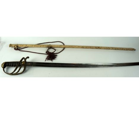 An 1822 pattern artillery officers sword, 82cm curved single edged single fullered blade, with acid etched decoration of an a