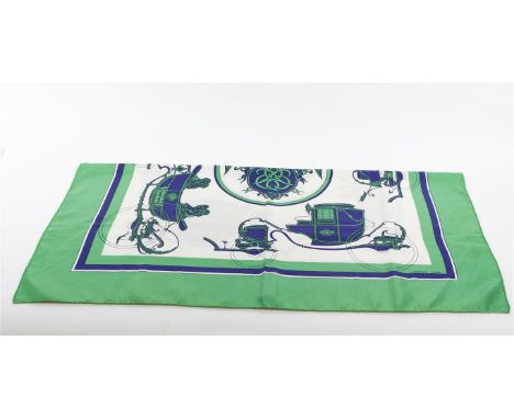 Hermes: a circa 1940s Ex Libris silk scarf, in green, navy and white colourway, depicting horse and carriage scenes with cent