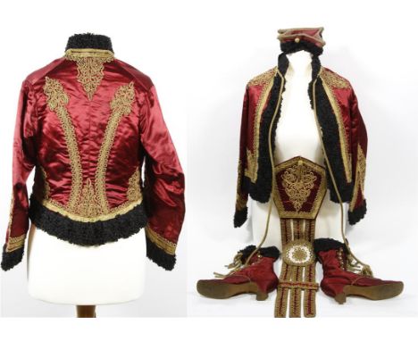 A mid 20th century vintage stage costume, of Russian cossack type design, to include fitted jacket, sash, boots and hat, in c