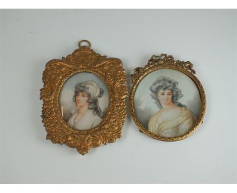 Two 19th Century ivory portrait miniatures of  Elizabeth Ann Sheridan (née Linley), after Gainsborough, each of oval form, pa