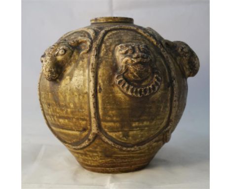 An unusual grotesque ceramic vase of bulbous relief decorated stylised animal, to include ram, lion, unmarked, height 9cm (af