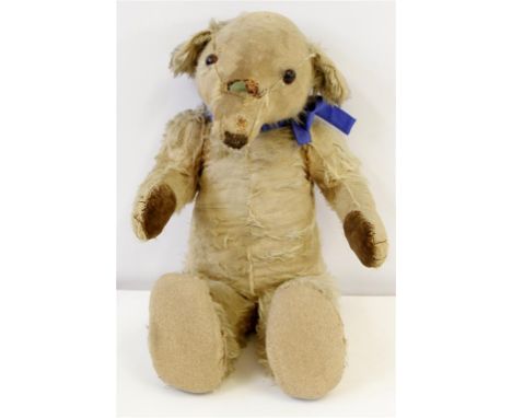 An early gold plush Teddy bear with glass button eyes and long pointed nose with articulated head and arms with velvet paws a