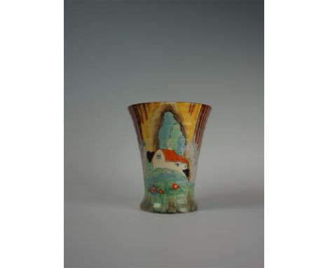 A Clarice Cliff bizarre cylindrical vase of tapering form, decorated in the forest glen pattern, printed factory marks to bas