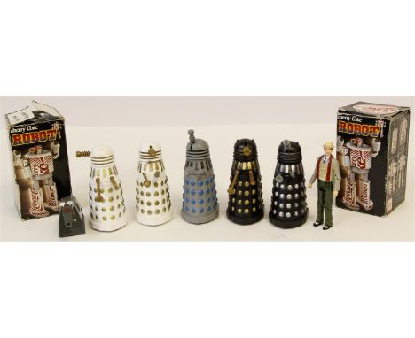 Five small scale Dapol Daleks, two white, two black and one grey, a K-9 figure and Doctor Who figure, also two boxed Cherry C