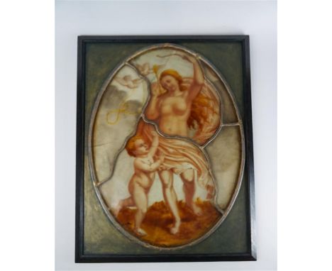 An early 20th Century painted glass panel,  of oval form with leadwork segmented areas, painted verso in a sepia palette depi