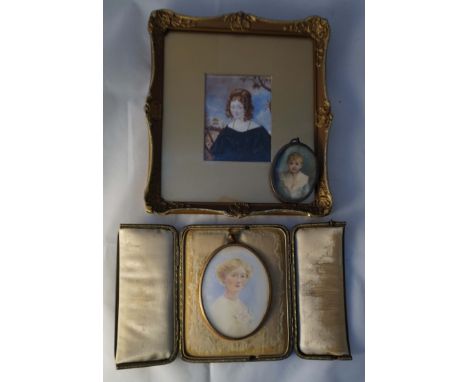 A 19th century portrait miniature of Mrs Wallace, inset in ornate gilt frame, length excluding frame 11cm, width excluding fr