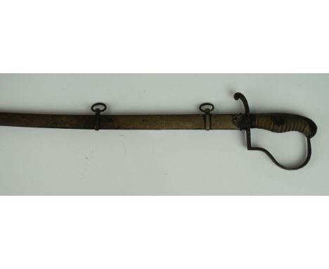 A Prussian WWI period artillery man's sword, the 87cm single edged single fullered curved blade with acid edged decoration of