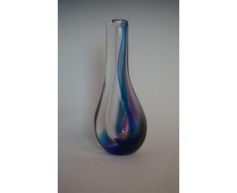 A Kosta Boda teardrop vase, having encased swirling decoration, colour to include turquoise, cobalt, purple, by G Warff Ateli