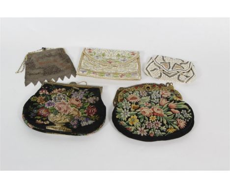 A collection of five early 20th century ladies evening bags, to include a circa 1900-1910 continental mesh purse with applied