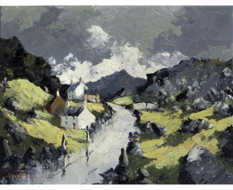 Charles Wyatt Warren (Welsh, 1908-1993) - 'Llanberis Pass', oil on panel, signed, inscribed with typed label verso, approx 50